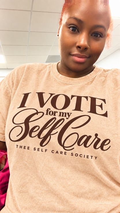 Kelly in the apricot I VOTE for my Self Care tee with chocolate lettering
